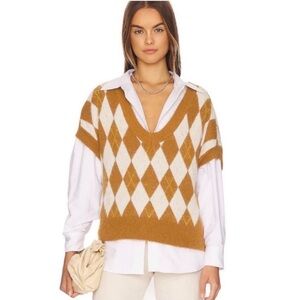 Free People Through the Motions argyle pattern sweater vest, brown cream size xs